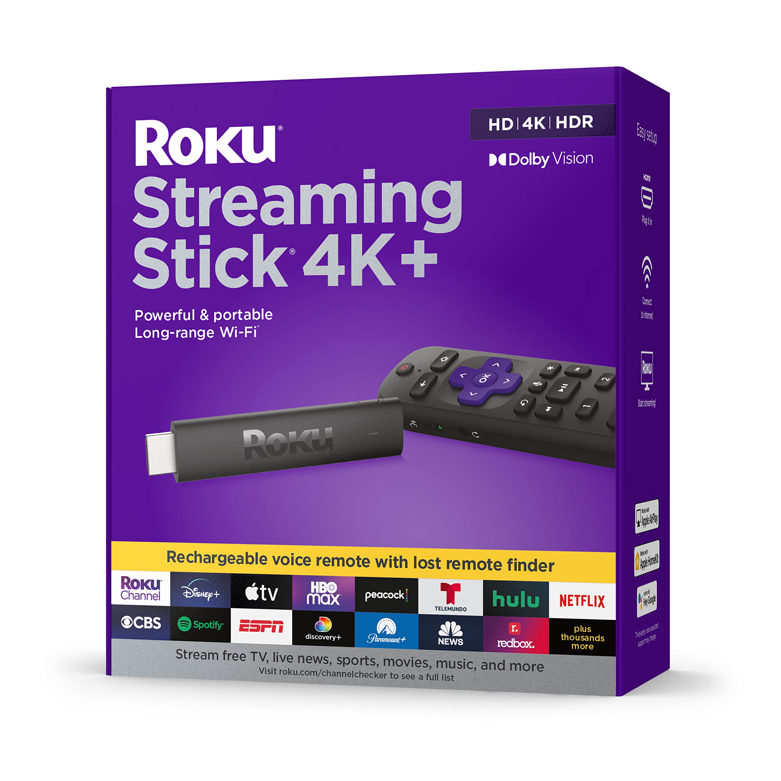 Roku Streaming Stick 4K+ | Portable Roku Streaming Device 4K/HDR/Dolby Vision, Rechargeable Roku Voice Remote Pro, Hands-Free Controls, Lost Remote Finder, Free & Live TV