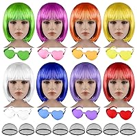24 Pieces Short Bob Hair Wigs Party Wigs and Sunglass Set Color Bob Wig Straight Colorful Short Bob Wig Funky Party Hairpieces for Women Party Décor Bachelorette Party