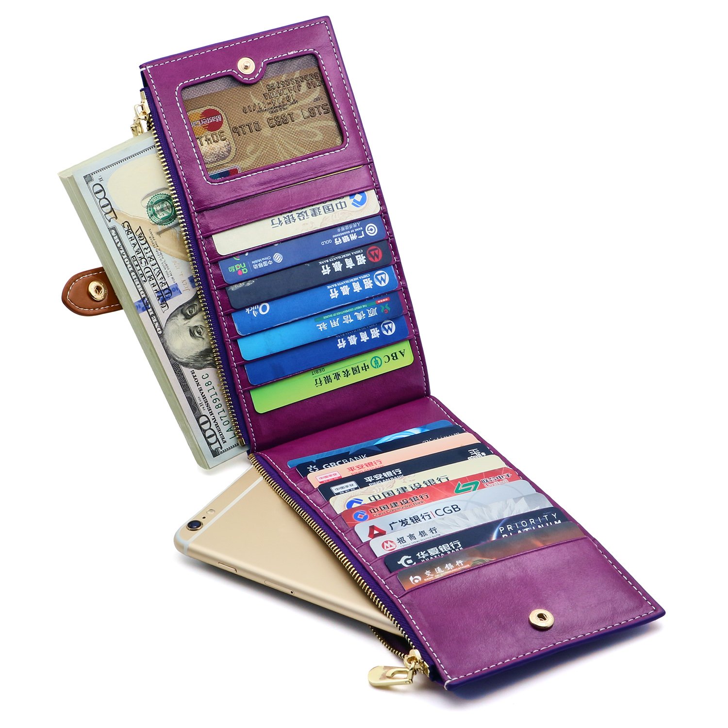 ANDOILT Women's Genuine Leather Wallet RFID Blocking Credit Card Holder Zipper Purse Cell Phone Handbag