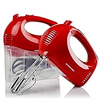 Portable 5 Speed Mixing Electric Hand Mixer with Stainless Steel Whisk Beater Attachments & Snap Storage Case, Compact Lightweight 150 Watt Powerful Blender for Baking & Cooking, Red HM151R