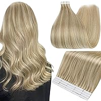 Tape In Hair Extensions 16 Inch Invisible PU Tape In Hair Color 16 Highlighted 22 Blonde Tape On Hair Extensions 20Pcs Soft And Silky Tape In Hair 50 Grams Seamless Tape In Hair