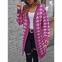Women's Cardigans Houndstooth Pattern Drop Shoulder Cardigan (Color : Hot Pink, Size : Small)