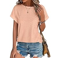 Womens Tops Crewneck Eyelet Embroidery Tops Summer Fall Fashion Clothes Loose Fit Casual Short Sleeve Blouse T Shirts