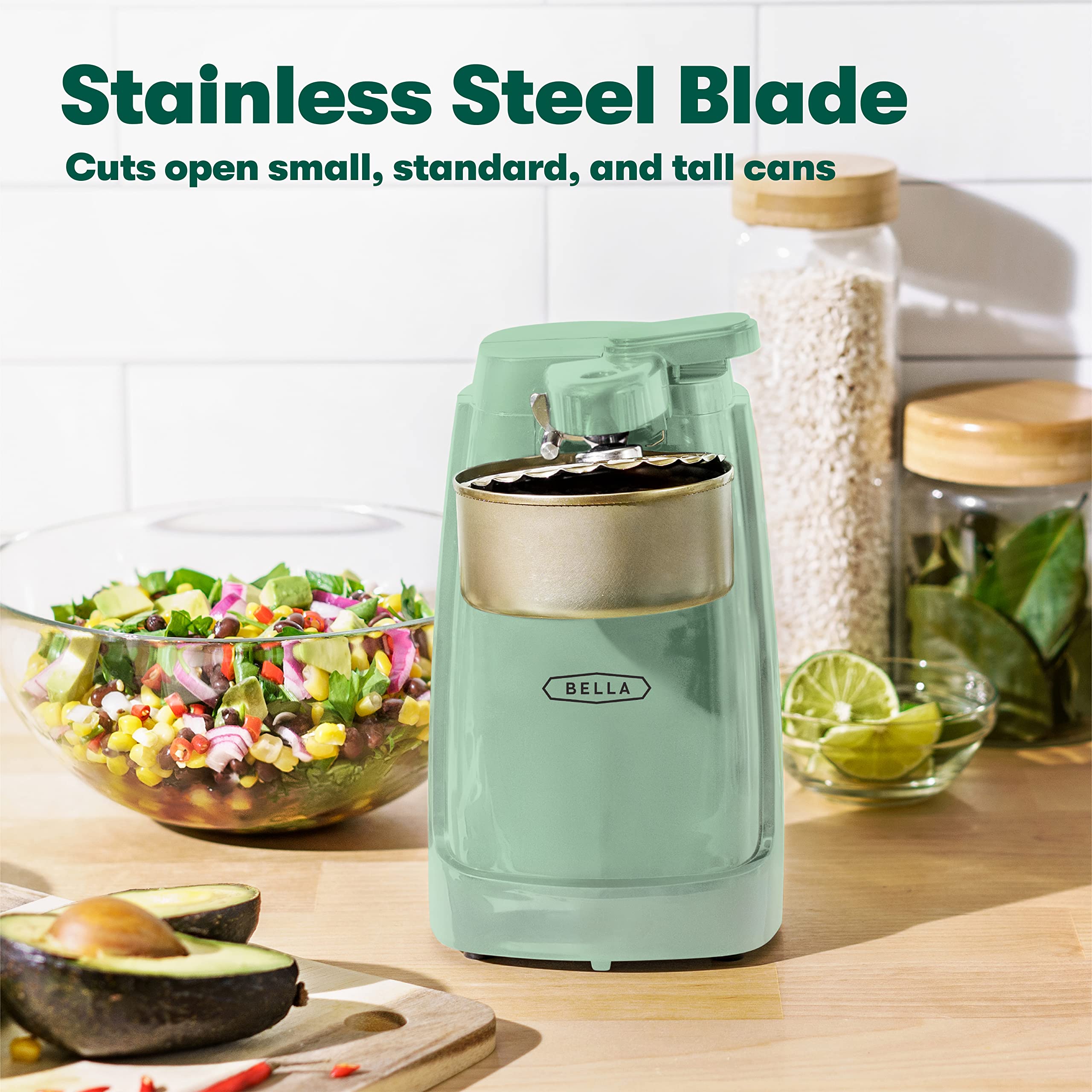 BELLA Electric Can Opener and Knife Sharpener, Multifunctional Jar and Bottle Opener with Removable Cutting Lever and Cord Storage, Stainless Steel Blade, Sage