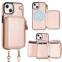 Bocasal for MagSafe Crossbody Wallet Case Compatible with iPhone 14 iPhone 13, RFID Blocking Protective Purse Case with Card Slots Holder Kickstand Wrist Strap Lanyard Zipper 6.1 Inch 5G (Rose Gold)