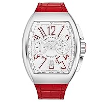 Men's 'Vanguard' White Dial Red Rubber with Leather Insert Strap Chronograph Automatic Watch 45CCWHTRED
