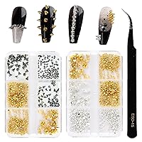 600Pcs Metal Nail Studs Charm, 3 Size/3 Colors Gold Silver Black Punk Cone Spike Studs, Alloy Mini Nail Rivets Nail Gems Jewels Nail Art Halloween Decoration Supplies, Tweezer Included