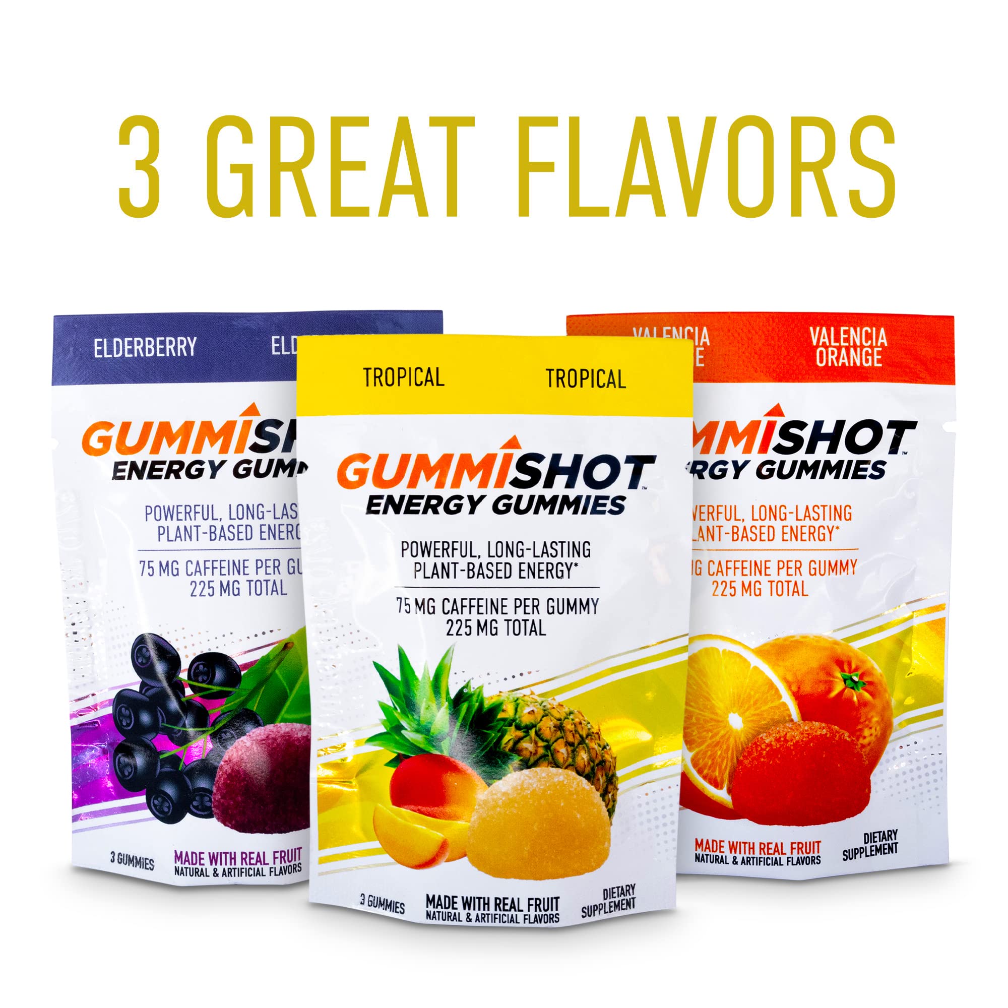 GummiShot Energy Gummies, 225 mg of Plant-Based Caffeine Chews per Pouch, Long Lasting Energy Boosters, Tropical (3ct, 9 Gummies)