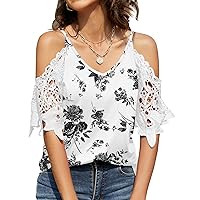 TFSDOD Womens Summer V Neck Cold Shoulder Tops T Shirts Cut Out Lace Short Sleeve Solid Color Blouses Shirt