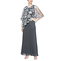 S.L. Fashions Women's Long Shimmer Foil Printed Chiffon Overlay Wedding Guest Capelet Gown, Formal Dress W/Attached Cape