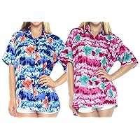 LA LEELA Women's Hawaiian Blouse Shirt Aloha Beach Party Holiday Camp Work from Home Clothes Women Beach Shirt Blouse Shirt Combo Pack of 2 Size S