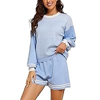 UANEO 2 Piece Outfits for Women Striped Knitted Sweater Pullover Shorts Lounge Set
