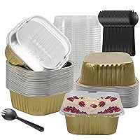 Cupcake Liners With Lids, BAKINGPAK 30PCS 10oz Square Mini Cake Pans with Lids Mini Aluminum Pans with Lids Disposable Aluminum Foil Ramekins Cake Cups Baking Cups Gifts for Mom Wedding Brithday, Gold