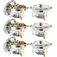 Chafing Dish Buffet Set of 6, 5QT Round Stainless Steel Chafer for Catering, Upgraded Chafers and Buffet Warmer Sets w/Food & Water Pan, Lid, Gold Frame, Fuel Holder for Party Wedding Holiday