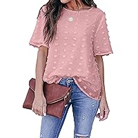 Blooming Jelly Womens Chiffon Blouse Summer Casual Round Neck Short Sleeve Pom Pom Shirts Top