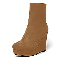 Womens Suede Round Toe Wedge Boots Night Club Zip Fashion Platform Wedge High Heel Ankle High Boots 4 Inch