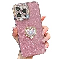 Cute Compatible with iPhone 15 Pro Max 6.7 Inch Case, Bling Diamond + Glitter Card Cases with Love Heart Kickstand, Sparkly Camera Protection Soft Cases for Women Girls(Rose Gold)