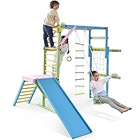 Avenlur Grove 9-in-1 Indoor Jungle Gym Playground: Montessori Waldorf Style Wood PlaySet for Kids, and Toddlers Features Monkey Bars, Rope Wall Net, Ladder, Climber, Slide, Ring Set. Ages 2-11yrs