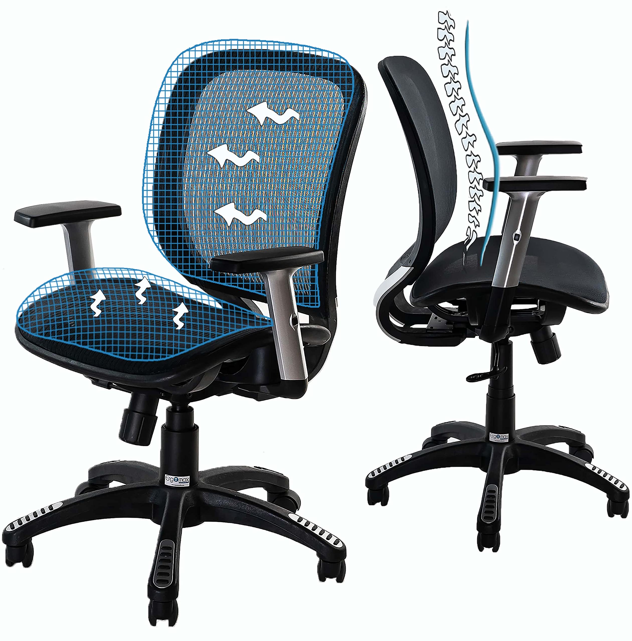Ergomax Lumbar Support, Mid-Back Mesh Adjustable Armrests, Home Office Ergonomic Chair, 42 Inch Max Height, Black