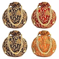 Indian Embroidered Multicolor Potli Bag with Pearls Handle Purse Party Wear Ethnic Clutch for Women Combo of 4