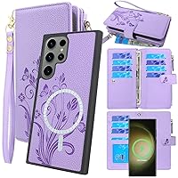 Lacass Compatible with MagSafe Case Wallet for Samsung Galaxy S23 Ultra 6.8 inch, 2 in 1 Magnetic Detachable Leather Wallet Cover with Card Holder Zipper Wrist Strap Lanyard (Floral Light Purple)