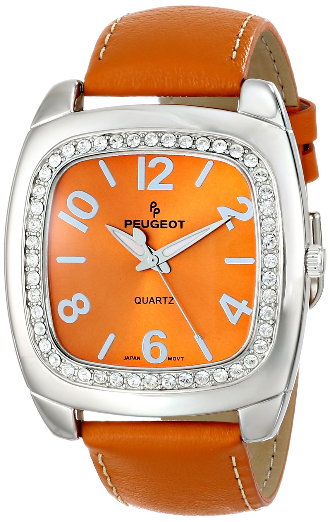 Peugeot Women's Crystal Bezel Boyfriend Size Watch, Easy to Read Dial with Colorful Leather Strap