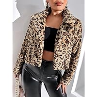 Jackets for Women Leopard Lapel Collar Double Button Crop Teddy Jacket Women's Jackets (Color : Multicolor, Size : Large)