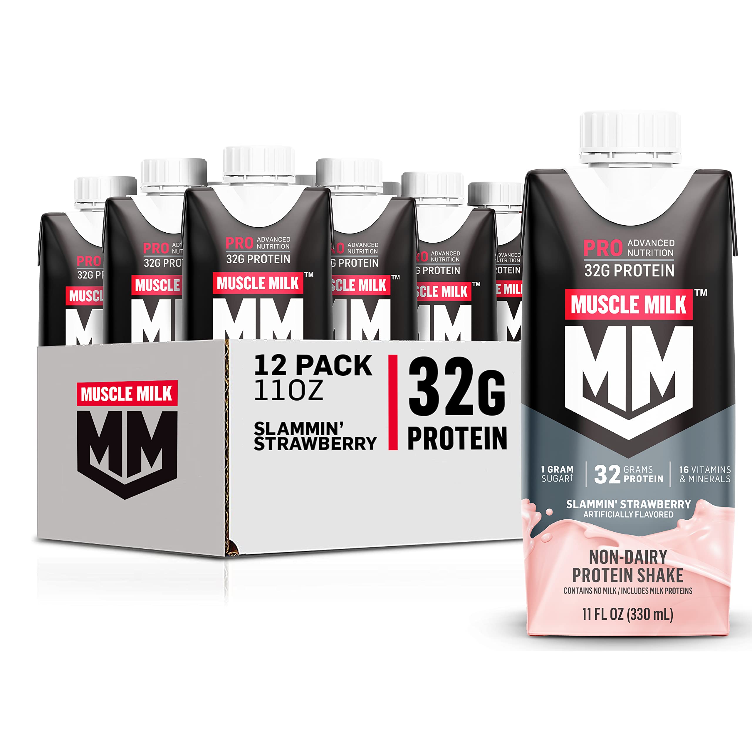 Muscle Milk Pro Advanced Nutrition Protein Shake, Slammin' Strawberry, 11 Fl Oz Carton, 12 Pack, 32g Protein, 1g Sugar, 16 Vitamins & Minerals,...