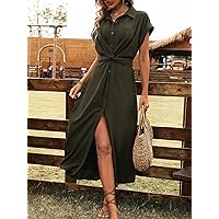 Fall Dresses for Women 2023 Solid Twist Front Shirt Dress Dresses for Women (Color : Army Green, Size : Small)