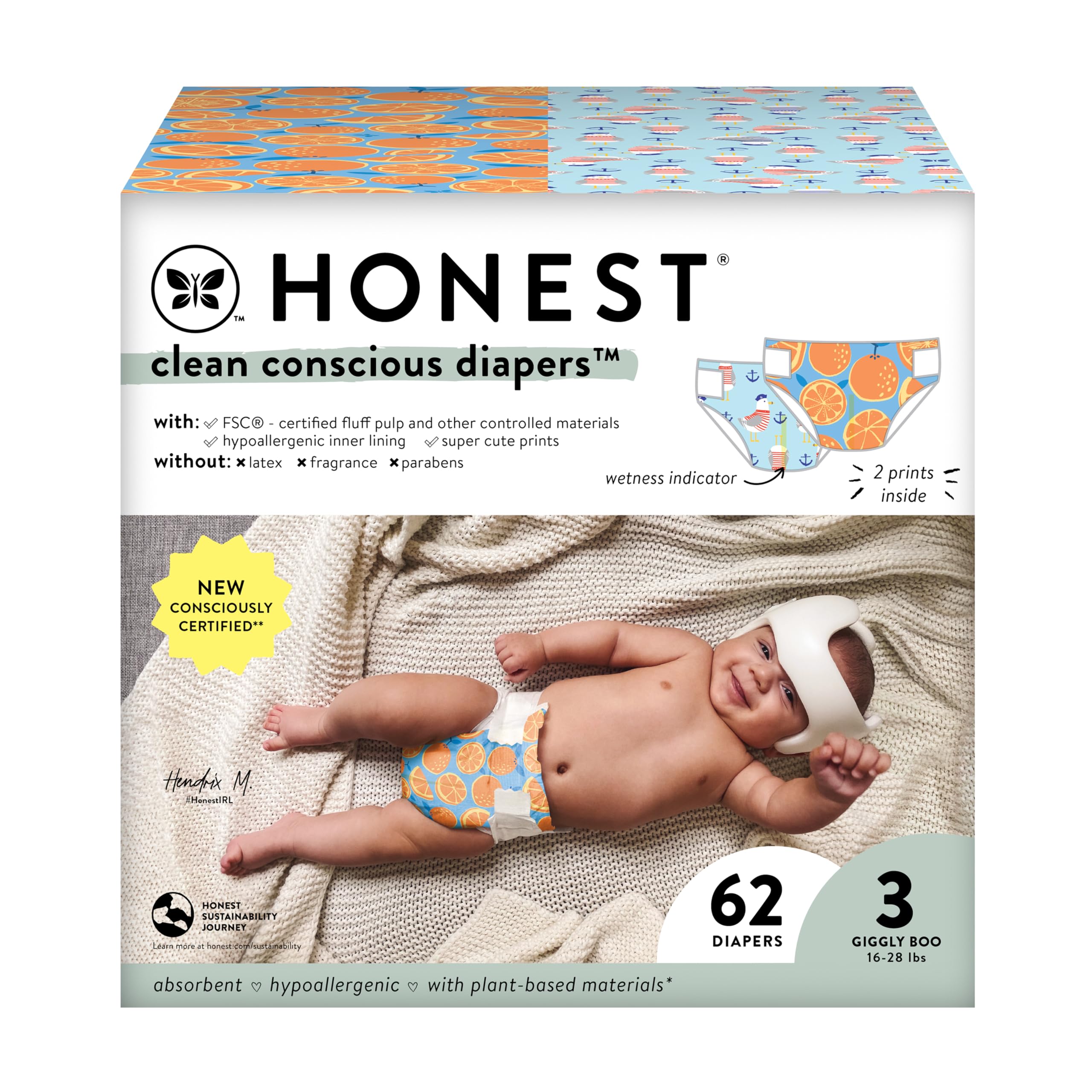 The Honest Company Clean Conscious Diapers | Plant-Based, Sustainable | Orange You Cute + Feeling Nauti | Club Box, Size 3 (16-28 lbs), 62 Count