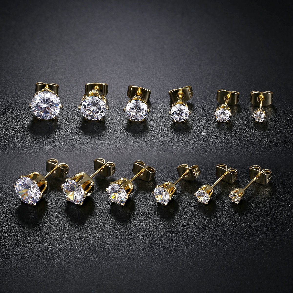 GEMSME 18K Yellow/White Gold Plated Round Cubic Zirconia Stud Earrings Pack of 6