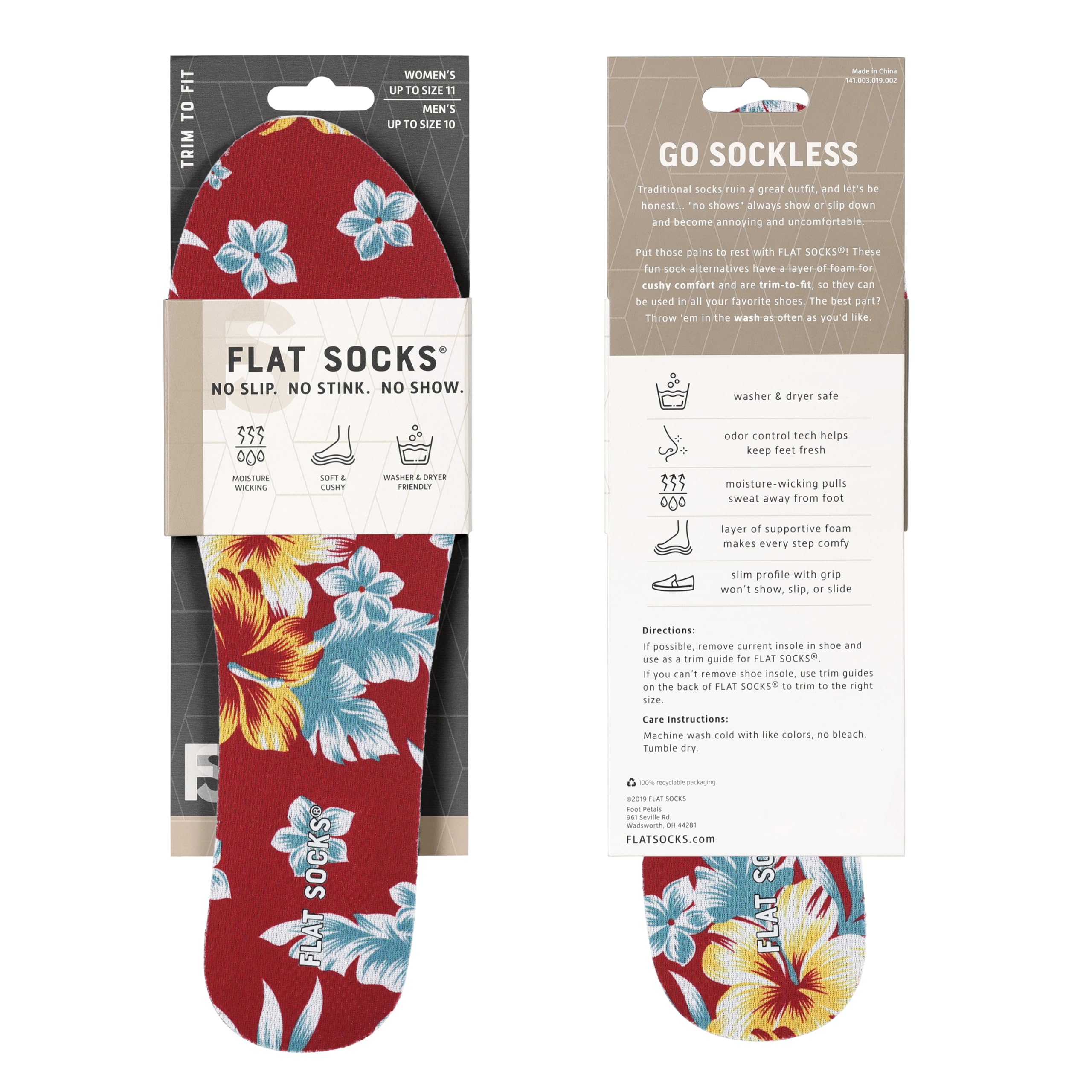 FLAT SOCKS No Show Socks, Sockless Shoe Liner, No Slipping, No Stinking, Washable Barefoot Shoe Insert, Floral Print