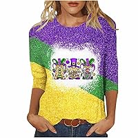3/4 Sleeve Plus Size Shirts Womens Fashion Mardi Gras Carnival Tshirts Loose Dressy Blouses Trendy Crewneck Basic Tops