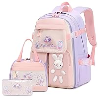 Girls Backpack Set, 3PCS School Backpack for Girls, Kawaii Bunny Kids Backpack for Girls Kindergarten Elementary School Preschool Travel Daycare Backpack with Lunch Box Pencil Box Purple