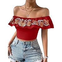MakeMeChic Women's Floral Embroidered Off Shoulder Ruffle Trim Crop Top Blouse Shirt