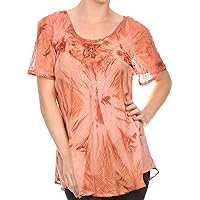 Sakkas Hana Tie Dye Relaxed Fit Embroidery Cap Sleeves Peasant Batik Blouse/Top