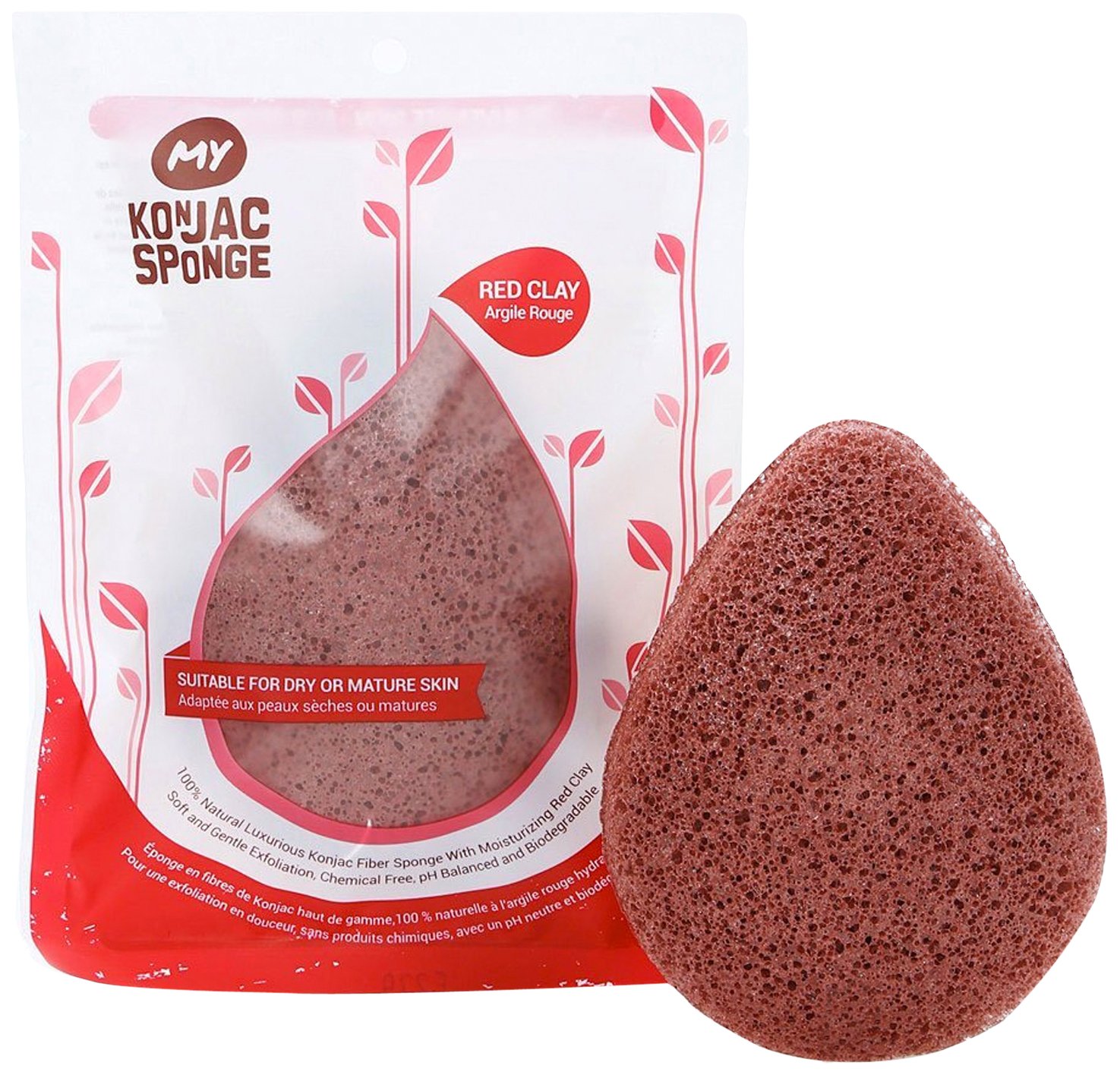 MY Konjac Sponge All Natural Korean Fiber French Red Clay Facial Sponge. Excellent for Dry or Mature Skin. Halal, Leaping Bunny Cruelty Free and the Vegan Society Certified