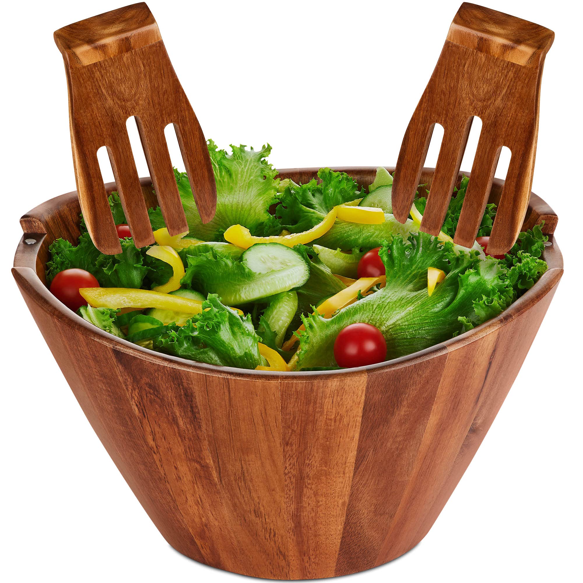 Wooden salad bowl set with serving forks mixing - magnetic serving utensils attached to large acacia wood bowl for 6-8 helpings - unique wood bowl - strong and leak proof with fabric bag