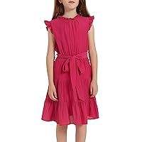 Girls Elegant Ruffle A-Line Flowy Dresses with Belt Tween Girls Graduation Dresses for 6-13 Years