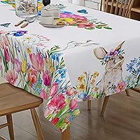 Pinatas Easter Tablecloth 60x120 Rectangle, Spring Flower Dining Easter Table Decor, Easter Table Cloth with Bunny Flower, Multi-use Washable Polyester Spring Tablecloth for Home Party Dining Picnic