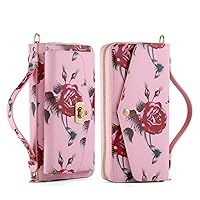 Multifunction Wallet Case for iPhone 14 Plus,Large Capacity Floral Pattern Leather Zipper Clutch Bag Case with Shoulder Strap Pink
