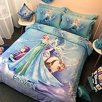 CASA 100% Cotton Kids Bedding Set Girls Frozen Elsa and Anna Duvet Cover and Pillow Cases and Fitted Sheet,4 Pieces,Full