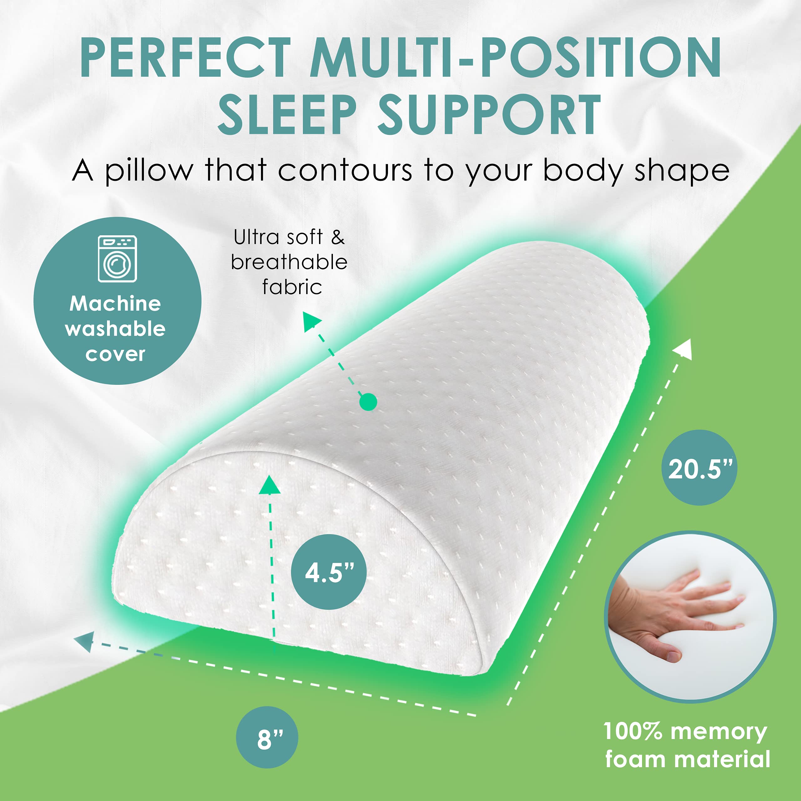 Cushy Form Bolster Pillow for Lumbar and Leg Support - 20.5 x 8 x 4.5 Inches Half Moon Memory Foam Cushion for Stomach, Back & Side Sleepers - Roll Pillows for Back and Neck w/Washable Cover