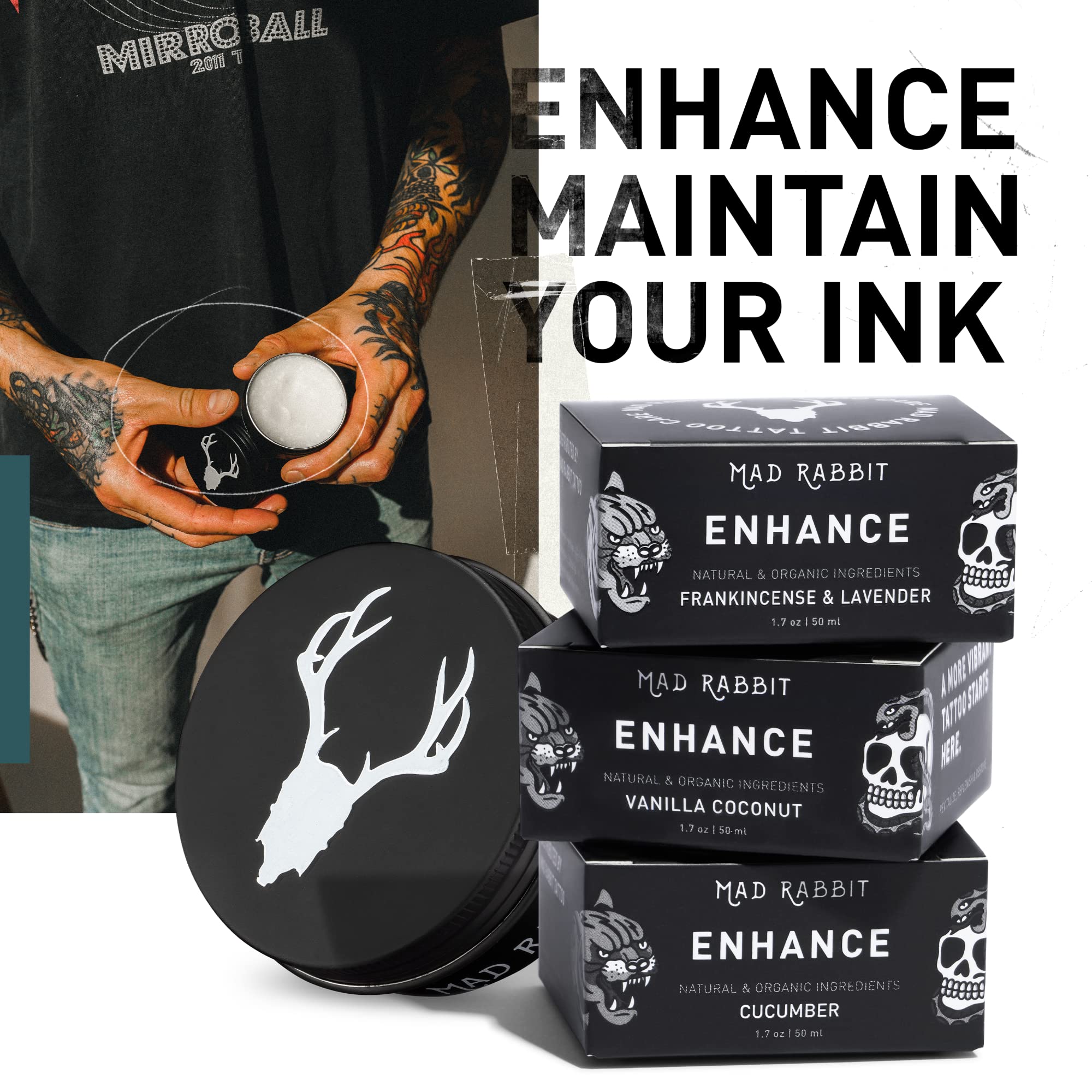 Mad Rabbit Tattoo Balm & Aftercare Cream- Color Enhancement that Revives Old Tattoos, Hydrates New Tattoos, Made With Natural Ingredients + Petroleum Free, Daily Tattoo Lotion Moisturizer & Brightener