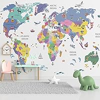 Kids Room Wallpaper World Map with Countries - Nursery Wallpaper Animals Peel and Stick – Kids Wall Murals Removable for Girls Boys Baby Waterproof Self Adhesive Decals (22082155, 111W x 70.8H)