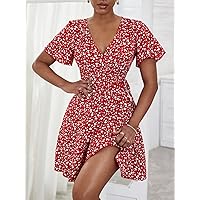 Summer Dresses for Women 2022 Ditsy Floral Wrap Tie Side Dress Dresses for Women (Color : Red and White, Size : X-Small)