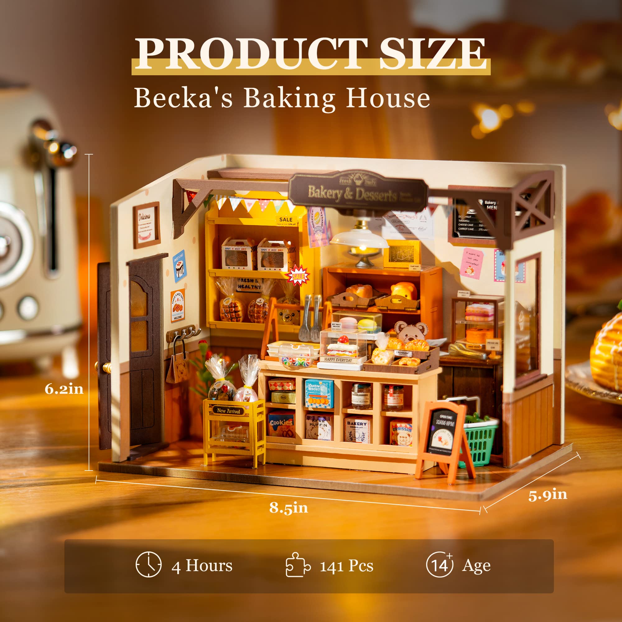 ROBOTIME Miniature House Kit Tiny Store Making Kit Becka's Baking House & Wooden Music Box 3D Puzzles Book Nook DIY Model Kits Sunset Carnival