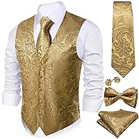 Barry.Wang Mens Paisley V-Neck Suit Waistcoat Silk Woven Vest Tie Set Clip Brooch Handkerchief Cufflinks Set Wedding Party