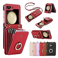 Cellphone Flip Case Premium Leather 2 in 1 Wallet Case Compatible with Samsung Galaxy Z Flip 5 5G,Magnetic Closure Purse W Rotation Ring Stand/Card Slots Holde/Lanyard Crossbody ShocOproof Protective