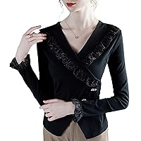 Women's Fashion Knit Tops Solid V Neck Bell Sleeve Patchwork Stretchy Blouses Ladies Elegant Work Shirts